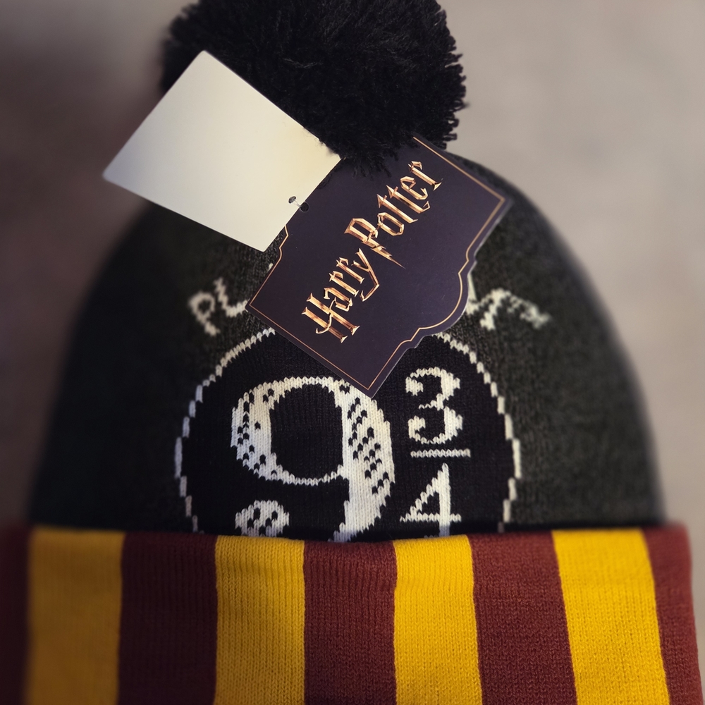 Harry Potter Kids Pom Beanie in Black with Maroon & Yellow Stripes